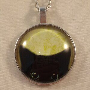 Silver Plated Black Cat Moon Cabochon Pendant Necklace Party Gift